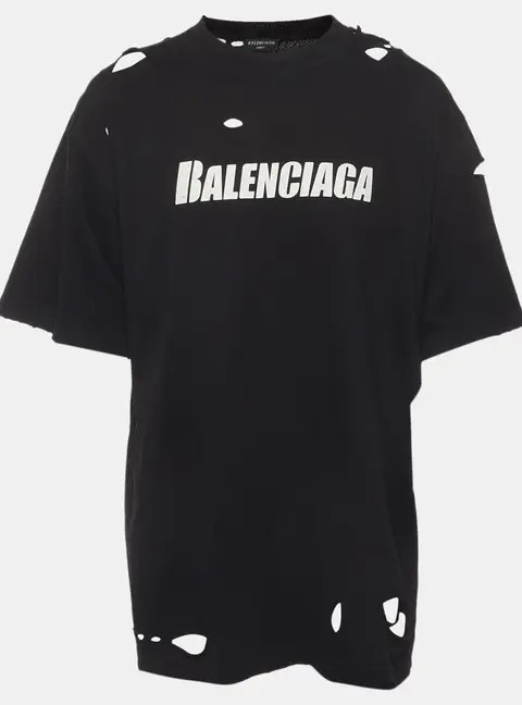 Balenciaga Unifit Black Jersey Caps Destroyed Flatground T-Shirt S