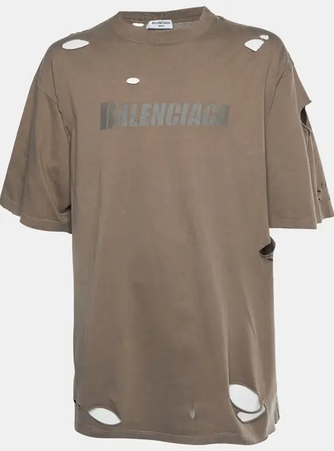 Balenciaga Brown Logo Graphic Distressed Jersey T-shirt M