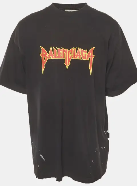 Balenciaga Unifit Black Logo Print Jersey Distressed T-Shirt M