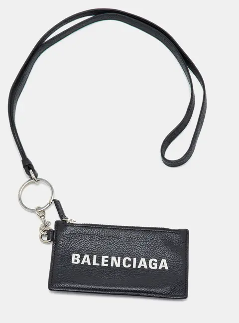 Balenciaga Black Leather Card Holder Lanyard