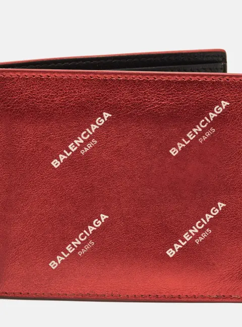 Balenciaga All Over Logo Metallic Red Leather Bifold Wallet