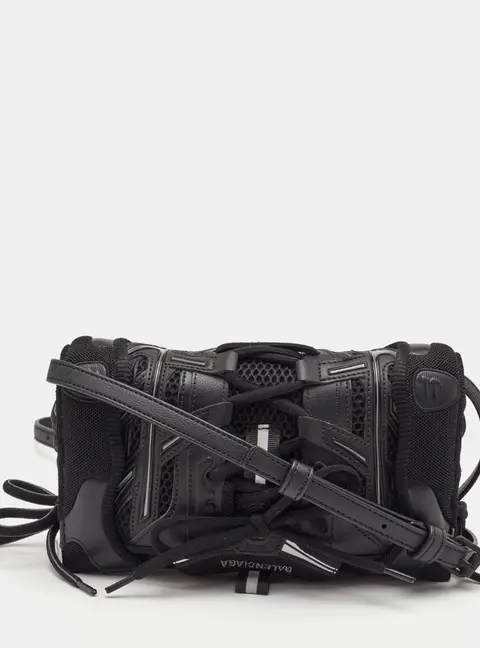 Balenciaga Sneakerhead Phone Holder Black Leather and Mesh Crossbody Bag