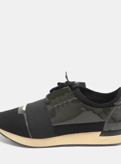 Balenciaga Race Runner Size 43 Black/Olive Mesh and Patent Leather Low Top Sneakers
