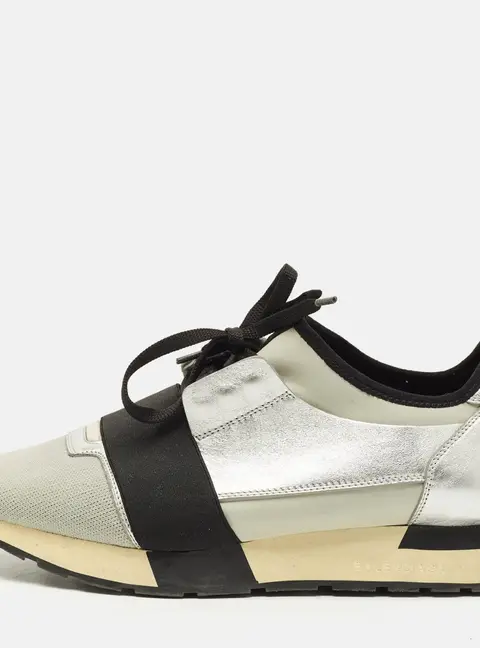 Balenciaga Race Runner Size 41 Silver/Black Knit Fabric and Leather Low Top Sneakers