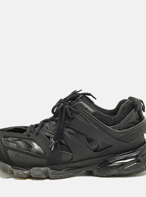 Balenciaga Track Size 46 Black Faux Leather and Mesh Lace Up Sneakers