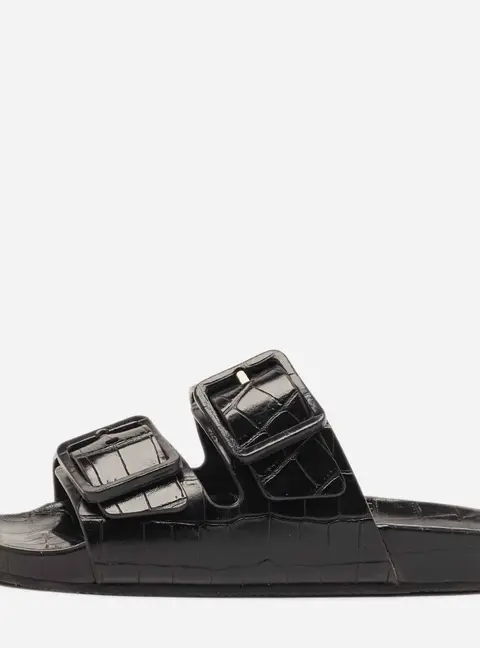 Balenciaga Mallorca Size 40 Black Croc Embossed Leather Banded Buckle Flat Slide