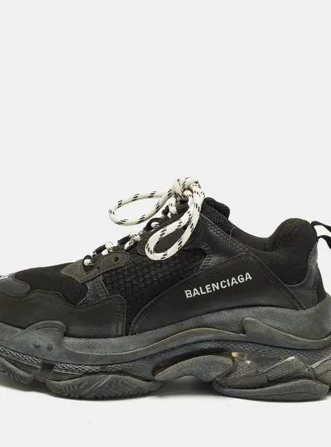 Balenciaga Triple S Size 41 Black Mesh and Nubuck Leather Lace Up Sneakers