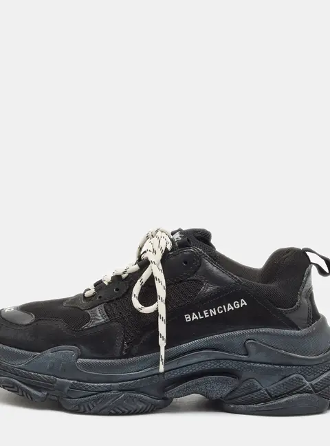 Balenciaga Triple S Size 42 Black Mesh and Nubuck Leather Low Top Sneakers