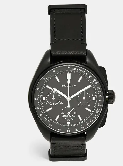 Bulova Lunar Pilot Dark Side Special Edition 98A186 Black Dial Ion Plated Stainless Steel Leather Men's Wristwatch 45 mm