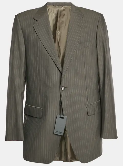 Balmain Grey Pin Striped Wool Single Breasted Blazer L