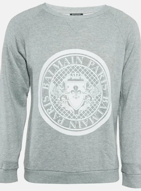 Balmain Grey Printed Cotton Crewneck Sweatshirt XS