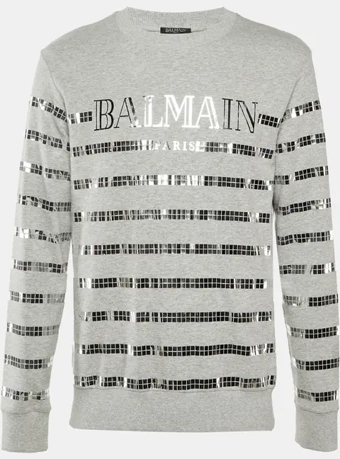 Balmain Grey Metallic Logo Print Cotton Crew Neck Sweatshirt S