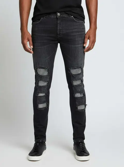 Balmain Black Crystal Embellished Distressed Denim Jeans L/Waist 34"