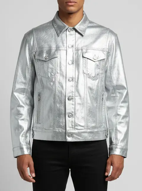 Balmain Silver Wide Metallic Denim Button Up Jacket XL