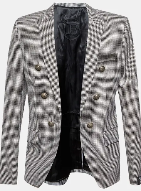 Balmain Black/White Houndstooth Wool Open Front Blazer XL