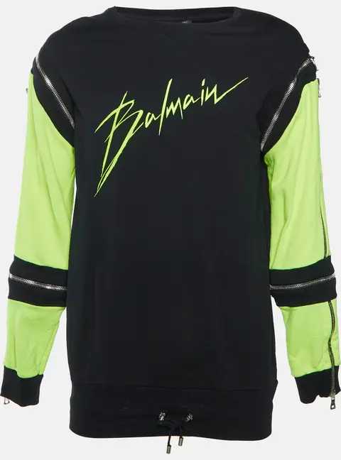 Balmain Two Tone Logo Print Cotton Jersey Zip Detail Sweatshirt M