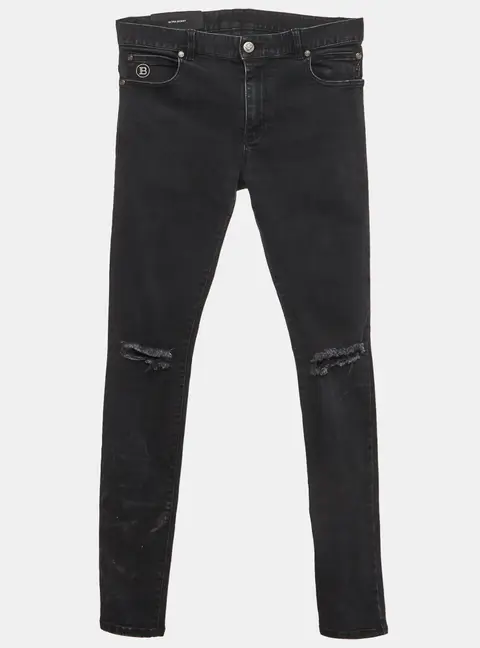 Balmain Black Distressed Denim Ultra Skinny Jeans S/Waist 31"