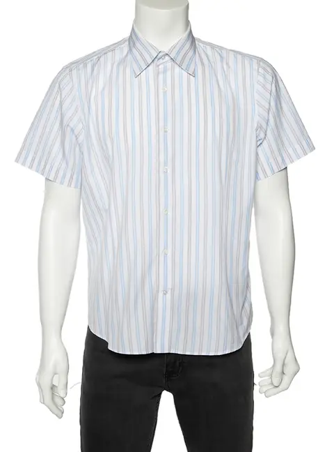 Balmain White Striped Cotton Short Sleeve Shirt L