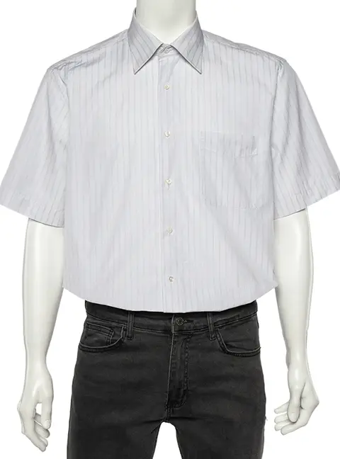 Balmain White Striped Cotton Short Sleeve Shirt L