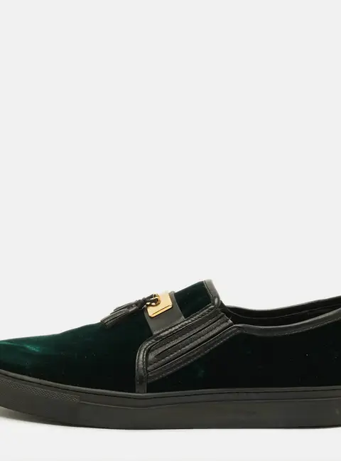 Balmain Size 43 Green/Black Leather Velvet Slip On Sneakers