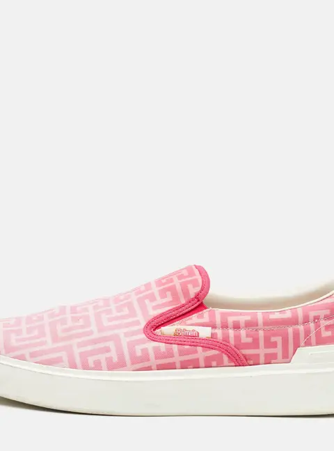 Balmain x Barbie Size 44 Pink/White Monogram Canvas Slip On Sneakers