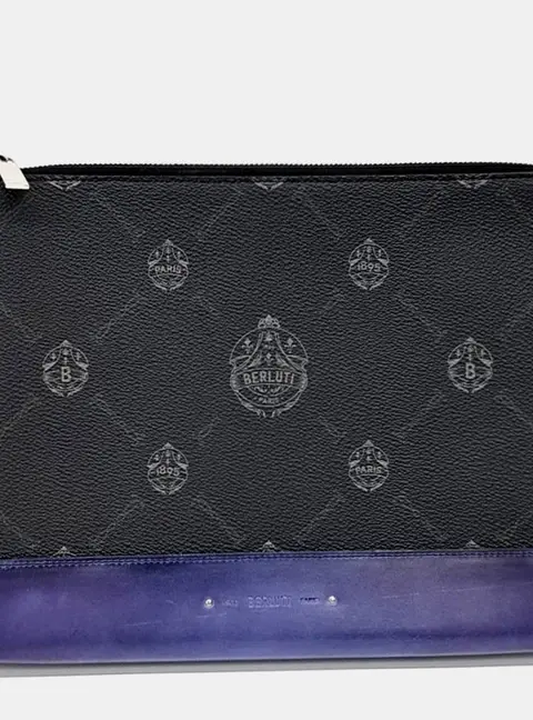 Berluti Nino Medium Blue Coated Canvas Leather Clutch Bag
