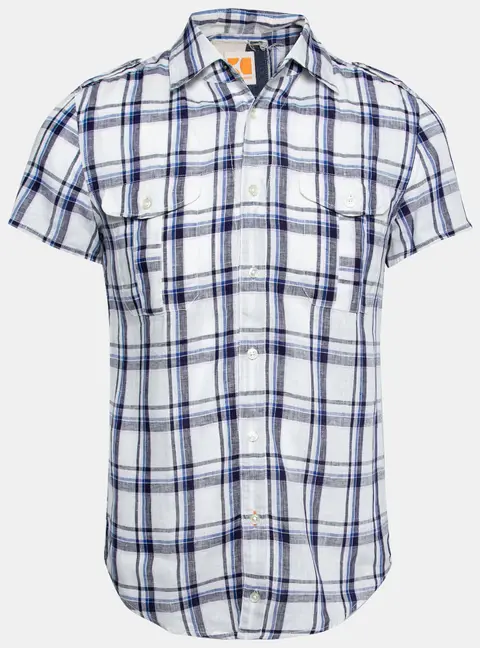Boss Orange by Hugo Boss White and Blue Check Print Linen Short Sleeves Shirt S