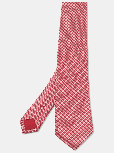 Boss By Hugo Boss Red/Pink Geometric Patterned Jacquard Silk Tie