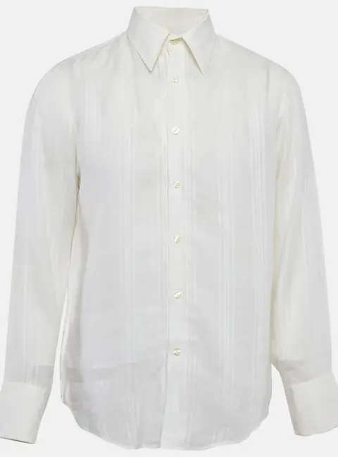 Boss By Hugo Boss White Striped Ramie Button Front Shirt L