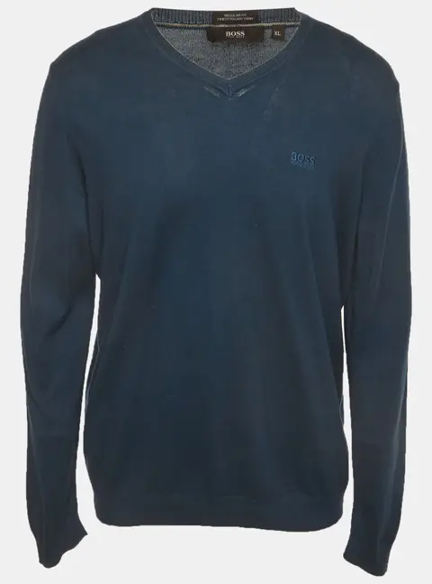 Hugo Boss Navy Blue Wool Knit V-Neck Sweater XL