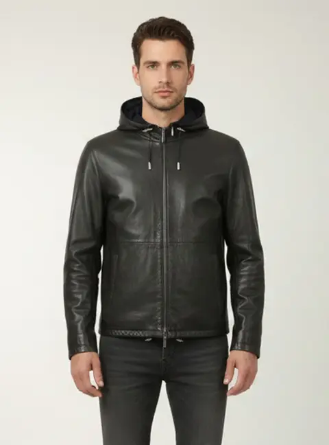 Boss By Hugo Boss Dark Green Leather Reversible Hoodie Jacket S