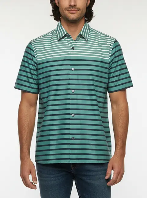 Boss By Hugo Boss Green Striped Poplin Short-Sleeve Lukka Shirt L