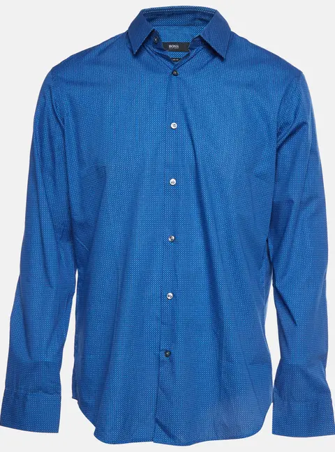 Boss By Hugo Boss Blue Geometric Print Poplin Regular Fit Eliott Shirt L