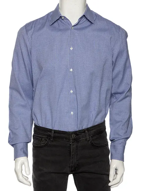 Boss By Hugo Boss Blue Check Cotton Button Front Slim Fit Shirt M