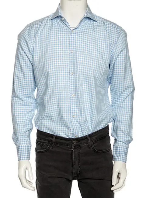 Boss Hugo Boss Blue Checkered Cotton Slim Fit Shirt M