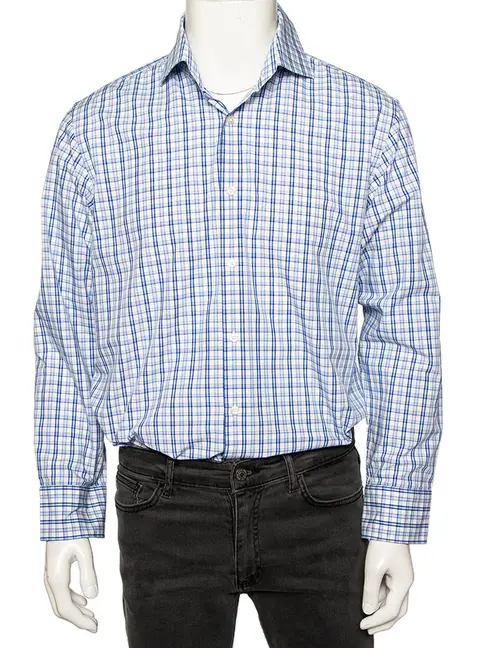 Boss By Hugo Boss Blue Checkered Cotton Button Front Regular Fit Shirt XL