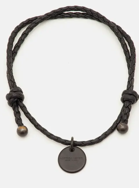 Bottega Veneta Braided Leather Gunmetal Tone Adjustable Bracelet