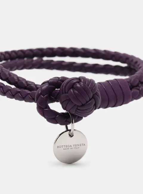 Bottega Veneta Intrecciato Purple Double Knot Leather Silver Tone Bracelet