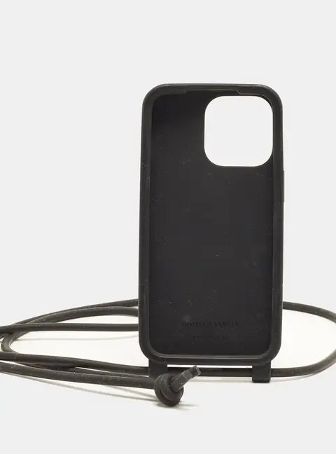 Bottega Veneta Black Intrecciato Rubber Silicone iPhone 14 Pro Case on Strap