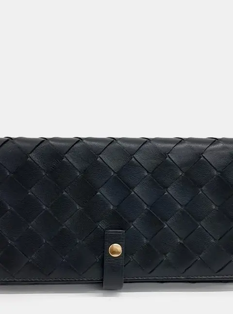 Bottega Veneta Long Black Leather Wallet Bag