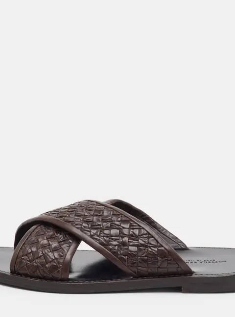 Bottega Veneta Intrecciato Size 43 Brown Crocodile Leather Criss-Cross Flat Slide Sandals