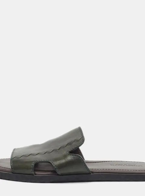 Bottega Veneta Size 42 Green Leather Zig Zag Inlay Detail  Plage Flat Slide