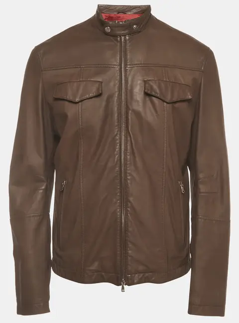 Brunello Cucinelli Brown Leather Zip-Up Biker Jacket L