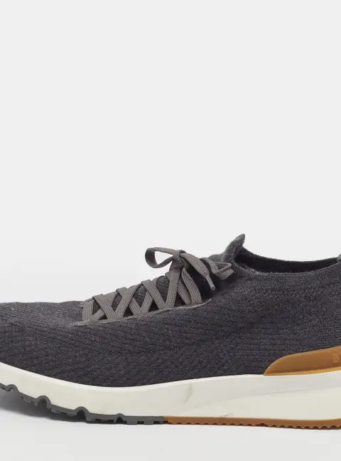 Brunello Cucinelli Size 44 Grey Knit Fabric and Leather Low Top Sneakers
