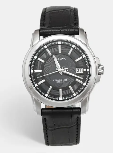Bulova Precisionist 96B158 Black Dial Stainless Steel Leather Men's Wristwatch 43 mm