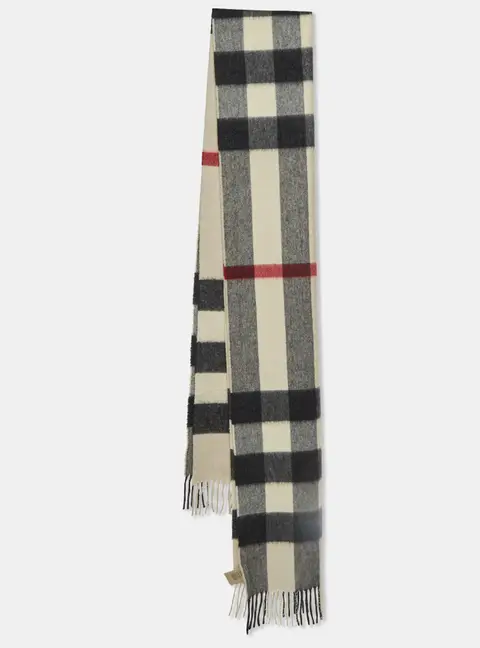 Burberry Beige Checked Cashmere Fringed Scarf