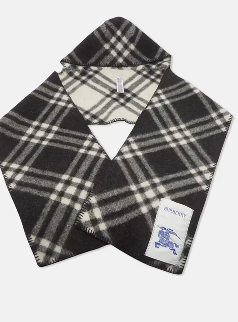 Burberry Grey Check Patterned Wool Hooded Scarf