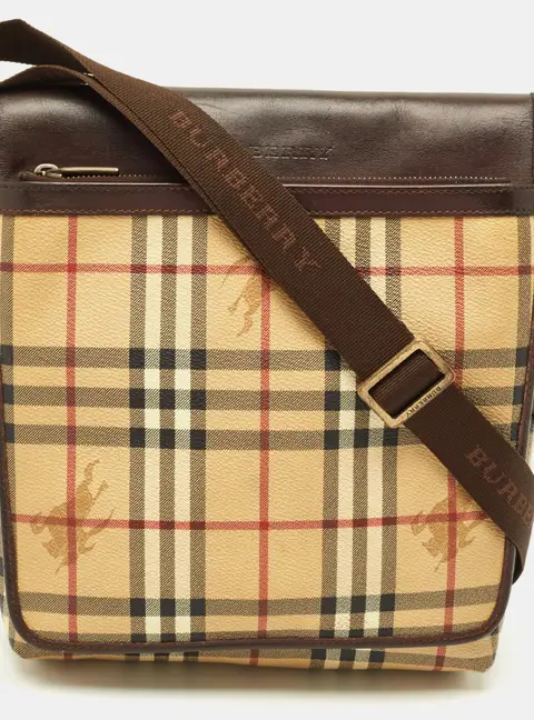Burberry Brown/Beige Haymarket Coated Canvas Flap Messenger Bag