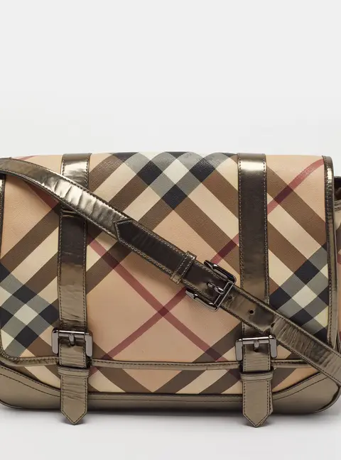 Burberry Newton Metallic/Beige Haymarket Patent Leather and PVC Messenger Bag