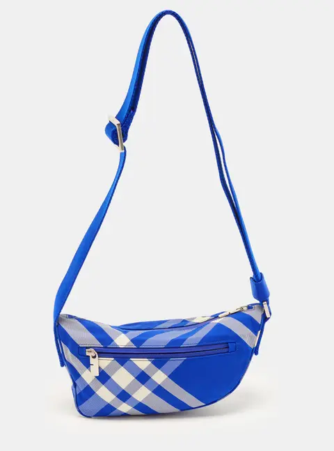 Burberry Shield Zip Blue Nylon Check Crossbody Bag